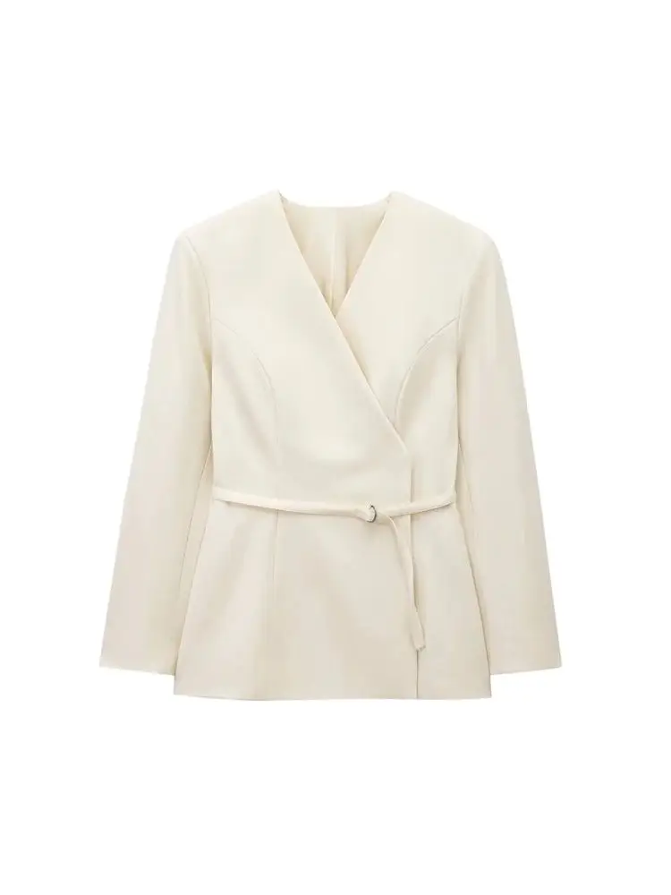 Women's Chic V-Neck Blazer Coat with Belt Long Sleeve Snap-Button Fashion Outerwear Top