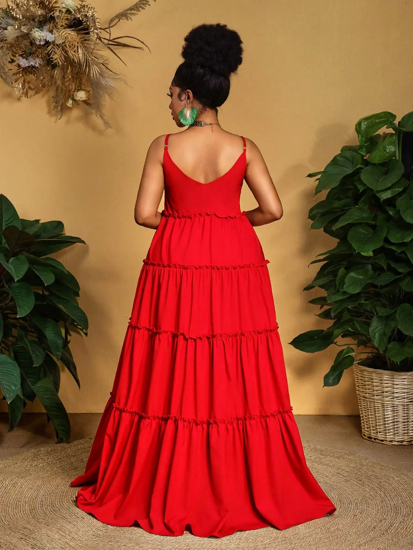 

Red Deep V Neck Ruffled Tiered Maxi Dress For Women Summer Beach Vacation Casual Boho