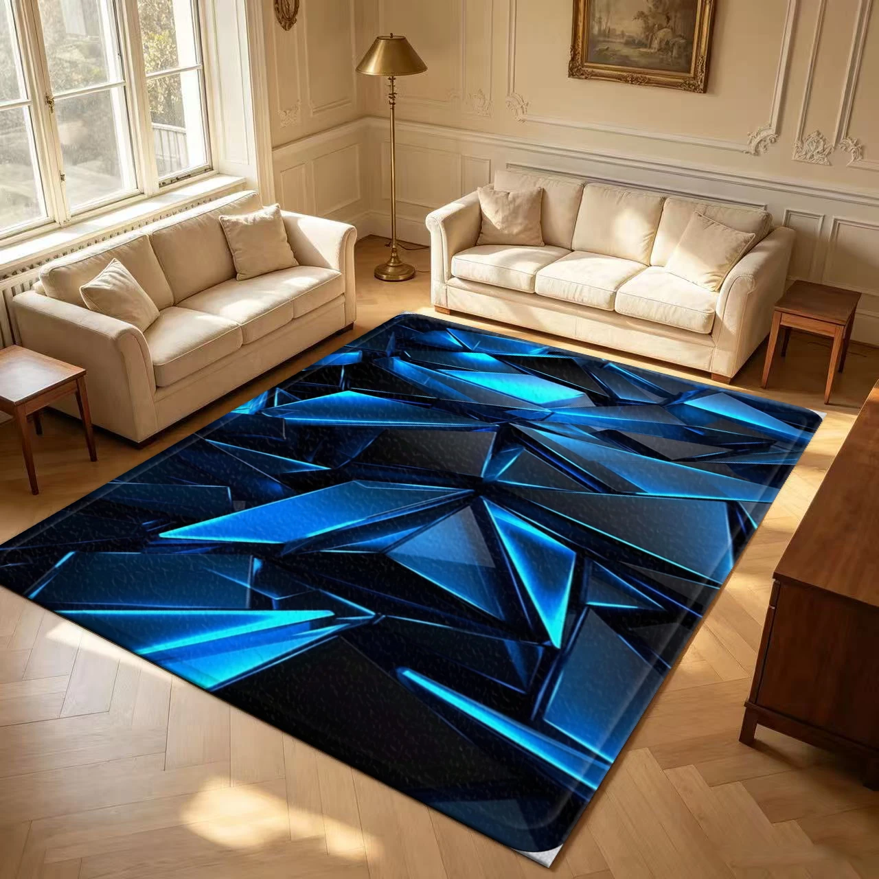 Cool Blue Crystal Geometric Art Carpet Modern 3D Multi-Faceted Pattern Floor Rug Suitable for Home Bedroom Game Room
