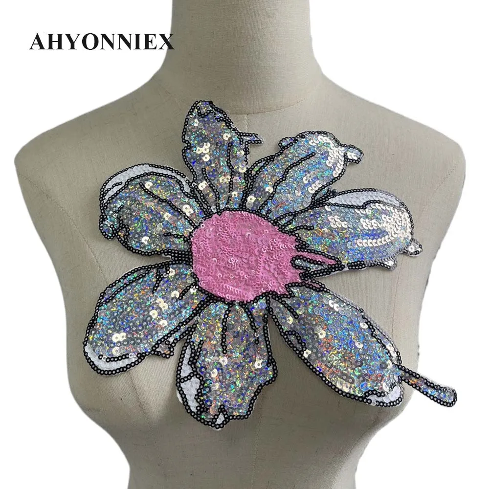 1 Piece Silver Sequins Flower Parch For Clothes Sticker Appliques Iron On Patches