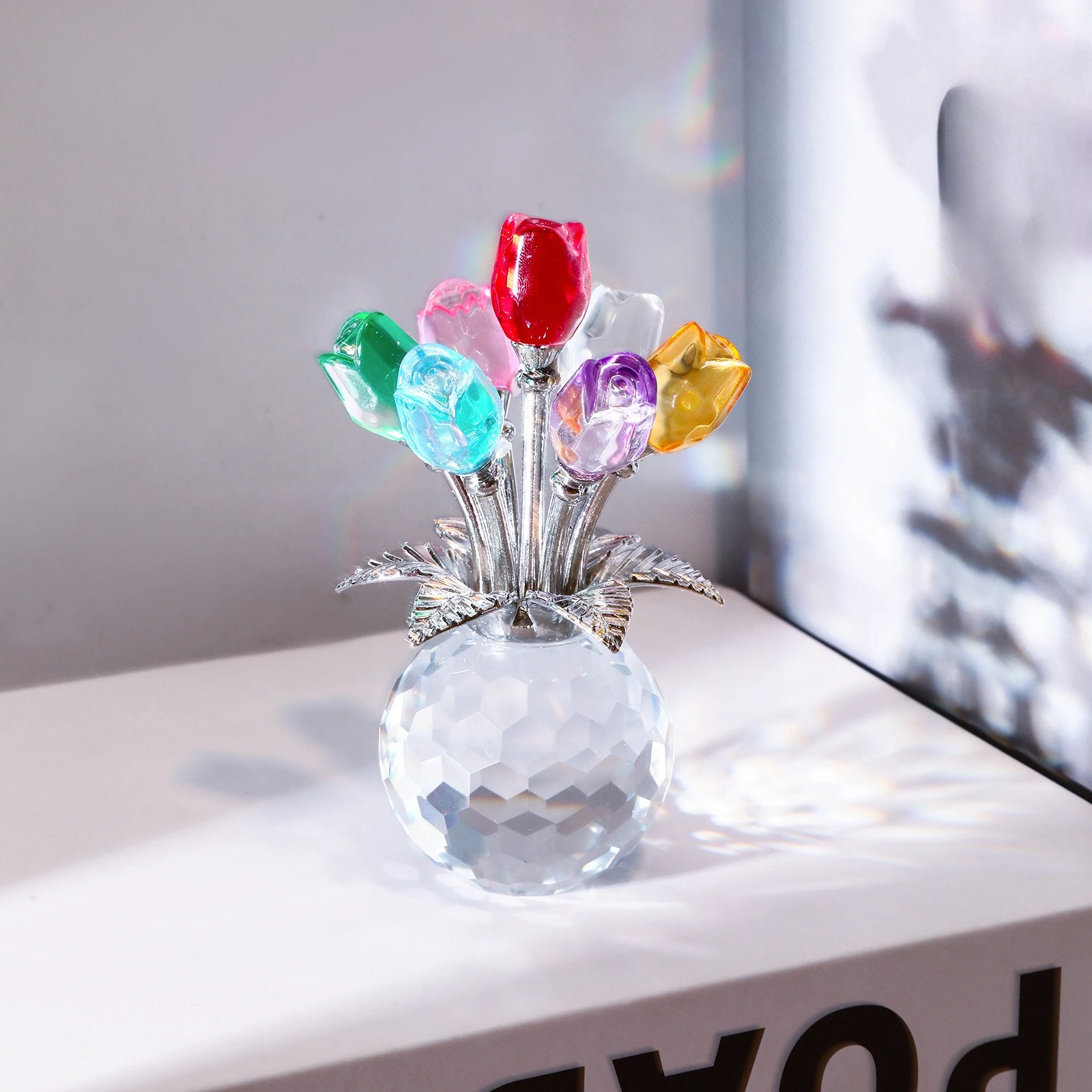 

Crystal Gemstone Rose Flower Colourful Rose Bouquet Eternal Ornament Gift Figurine Red Decorative Flower