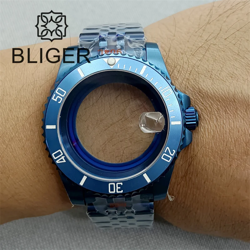 BLIGER 40mm SUB Watch Case Electroplated Blue Sapphire Glass Oysters/Jubilee Bracelet Fit NH34 NH35 NH36 ETA Movement 120 Clicks