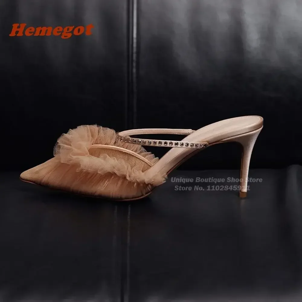Pointed Toe One Strap Crystals Women's Sandals Champagne Air Mesh Stiletto Slippers 2026 Fashion Rhinstones Elegant Party Shoes