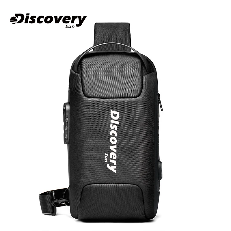 DISCOVERY-SUN  Multifungsi Anti-pencurian Tas Bahu USB Olahraga Luar Ruangan Tahan Air Tas Messenger Bahu Bisnis Hitam Sederhana