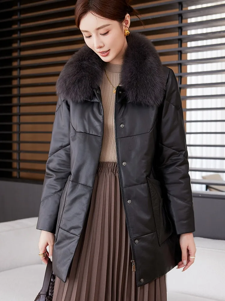 冬カジュアルレディース本革ダウンコートフォックスファーターンダウンカラーシープスキンコート厚く暖かいジッパー女性ジャケットアウター