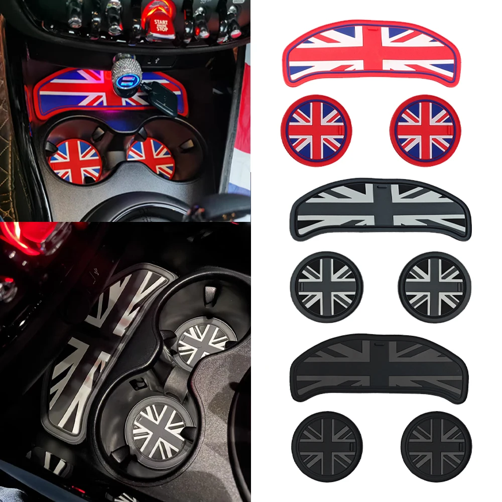 3PC Night Union Jack Water Cup Mat Storage Groove Mat For Mini Clubman F54 LCI 2015 2016 2017 2018 2019 2020 2021 2022 2023 2024