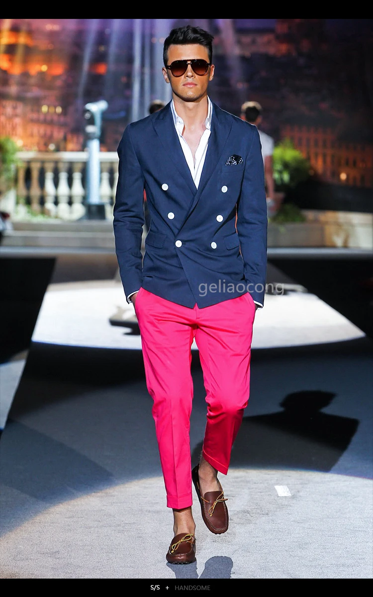 

Elegant 2 Piece Groom Tuxedos Navy Blue Men Suits Slim Fit Double Breasted Blazer Pants Suit Male Formal Business Suits Party