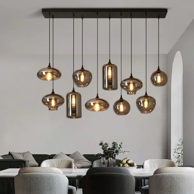 Modern Ceiling Chandelier LED Lighting Smoke Grey Glass Applicable To Dining Table Kitchen Lamp Living Room Home Decoration