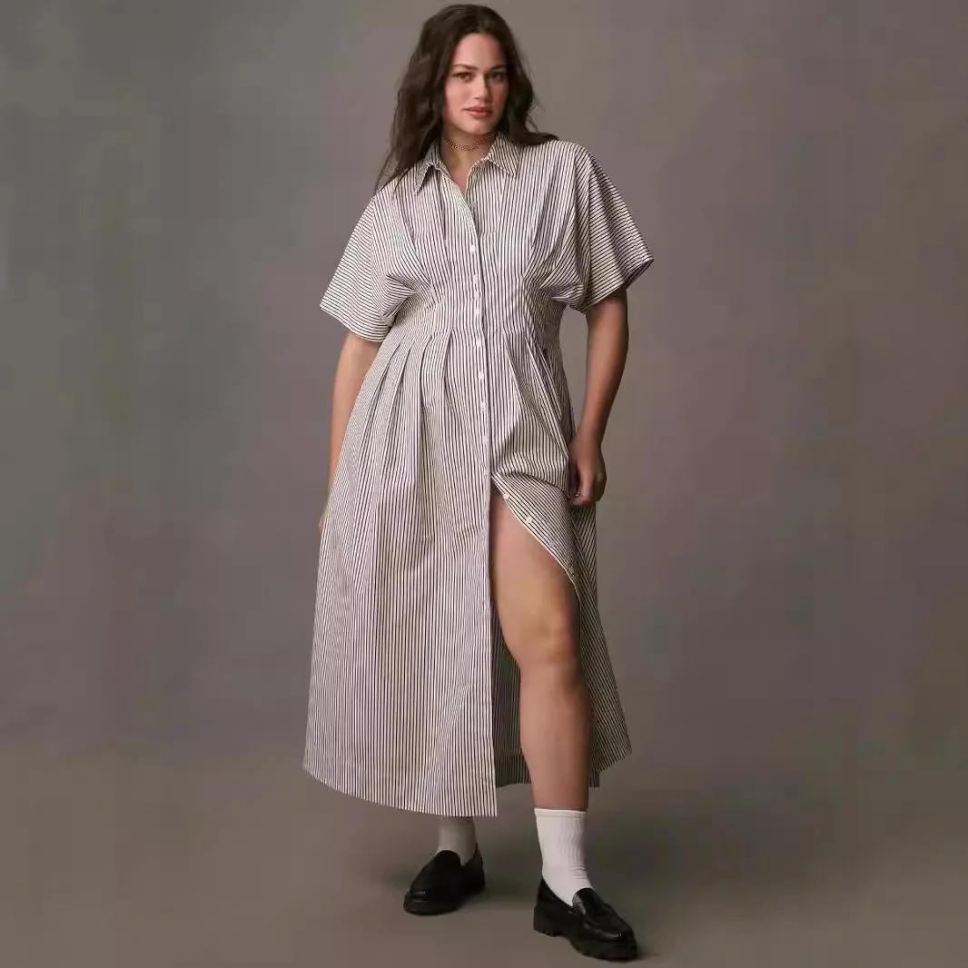 Robe chemise à manches courtes pour femmes, ample et décontractée, en coton et lin, à rayures, nouveau Style, jupe Midi, confortable et respirante, été