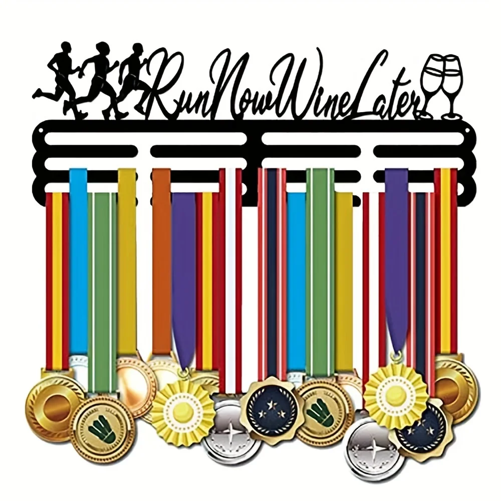 Estante de exhibición de medallas "RUN NOW WINE PLATER" elegante de Metal, colgador de pared de hierro con 18 ganchos para premios, cintas y medallas de maratón, 1 ud.