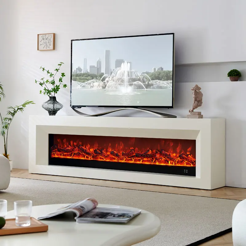 French Electronic Fireplace TV Stand Simple Imitation Marble Realistic Flame Heating MDF Wooden Panel for Villa Living Room