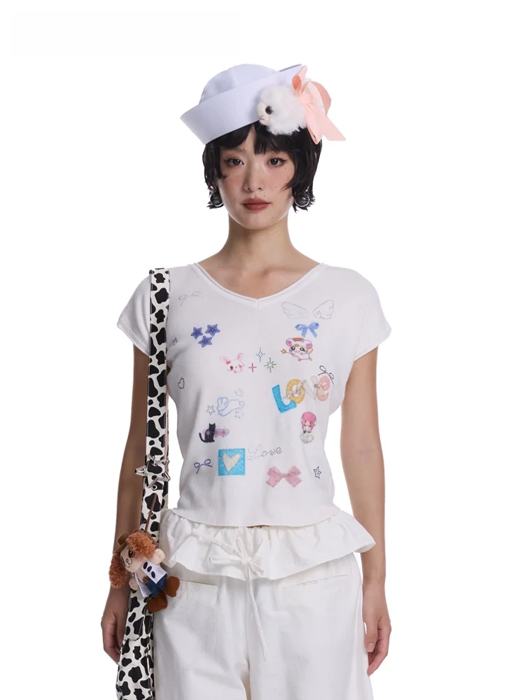 

Женская белая футболка MOF с V-образным вырезом, вязаная, с принтом и стразами, с коротким рукавом, с узором в виде сердец и звезд, повседневная, из смесовой хлопковой ткани