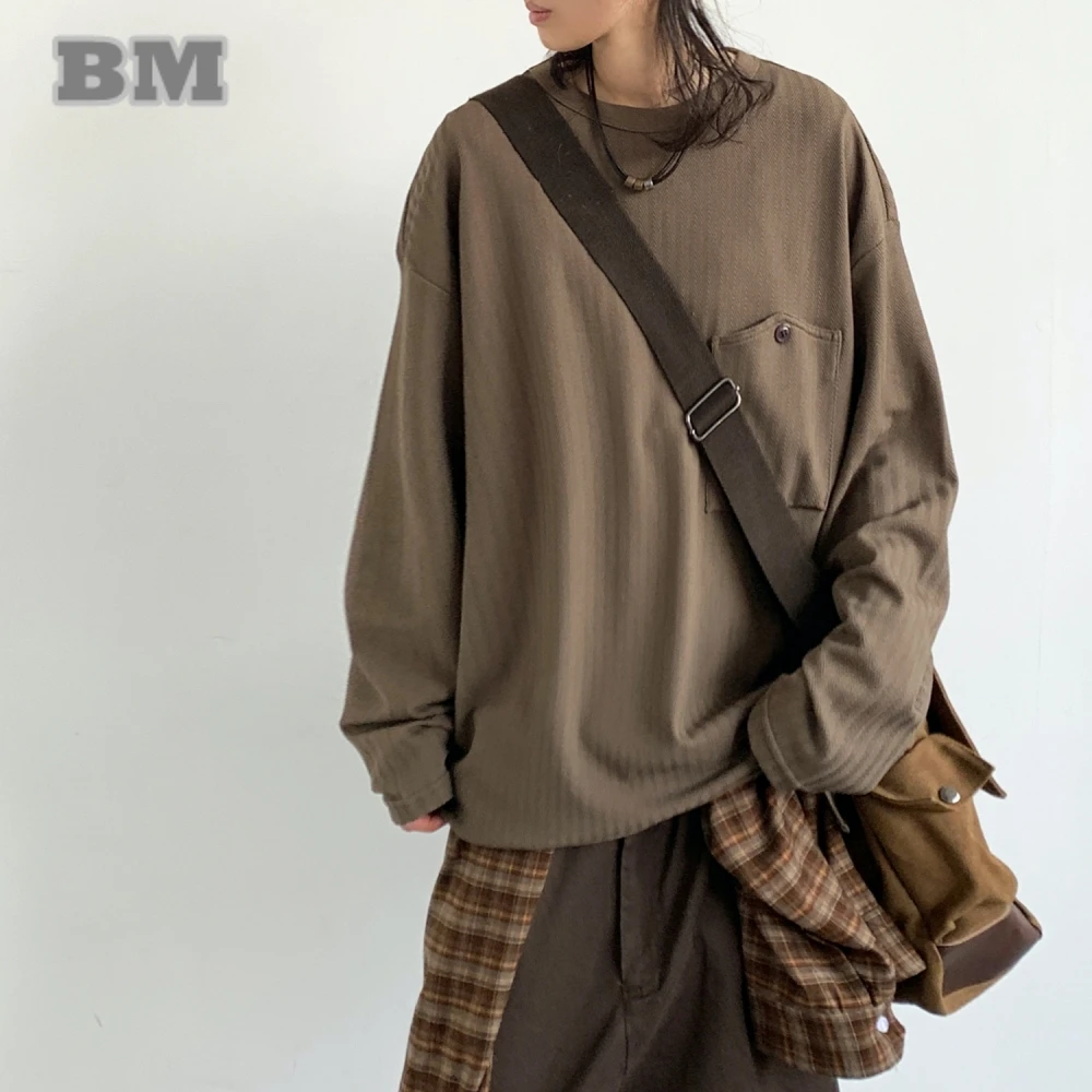 Japanese College Streetwear Sweatshirt Men Women Spring Fall Long Sleeve Couple Coffee Brown Trendy Casual Oversized Pullover