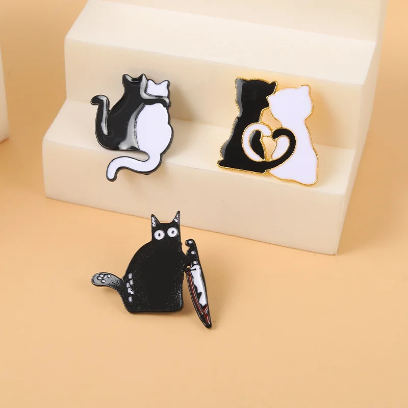 Animal Cat Lovers Enamel Pins Custom Black White Cat Love Tail Dagger Brooch Bag Lapel Pin Gothic Badges Jewelry Gifts Wholesale