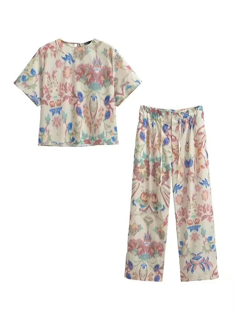 HH Vintage Print Set for Woman Summer Fashion Short Sleeves O-neck Shirt Casual T-shirt Female Elastic Waist Long Pants
