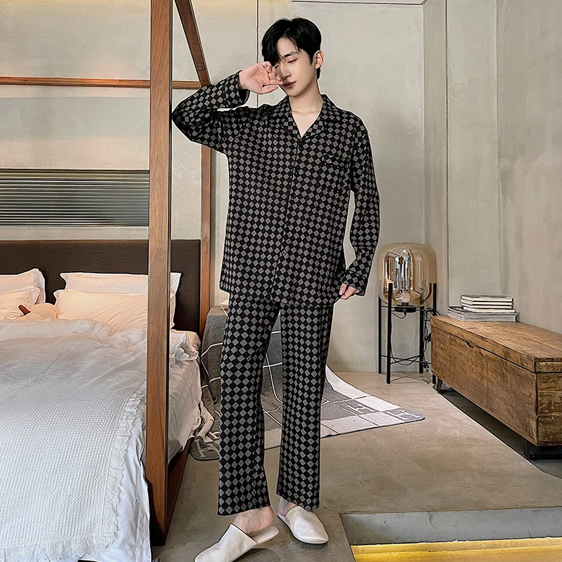 Geometric Pattern Pyjamas Male Long Sleeve Tops Long Pants Sleepwear Set Pajamas For Men Sleepwear Lapel Cardigan Pijamas Hombre