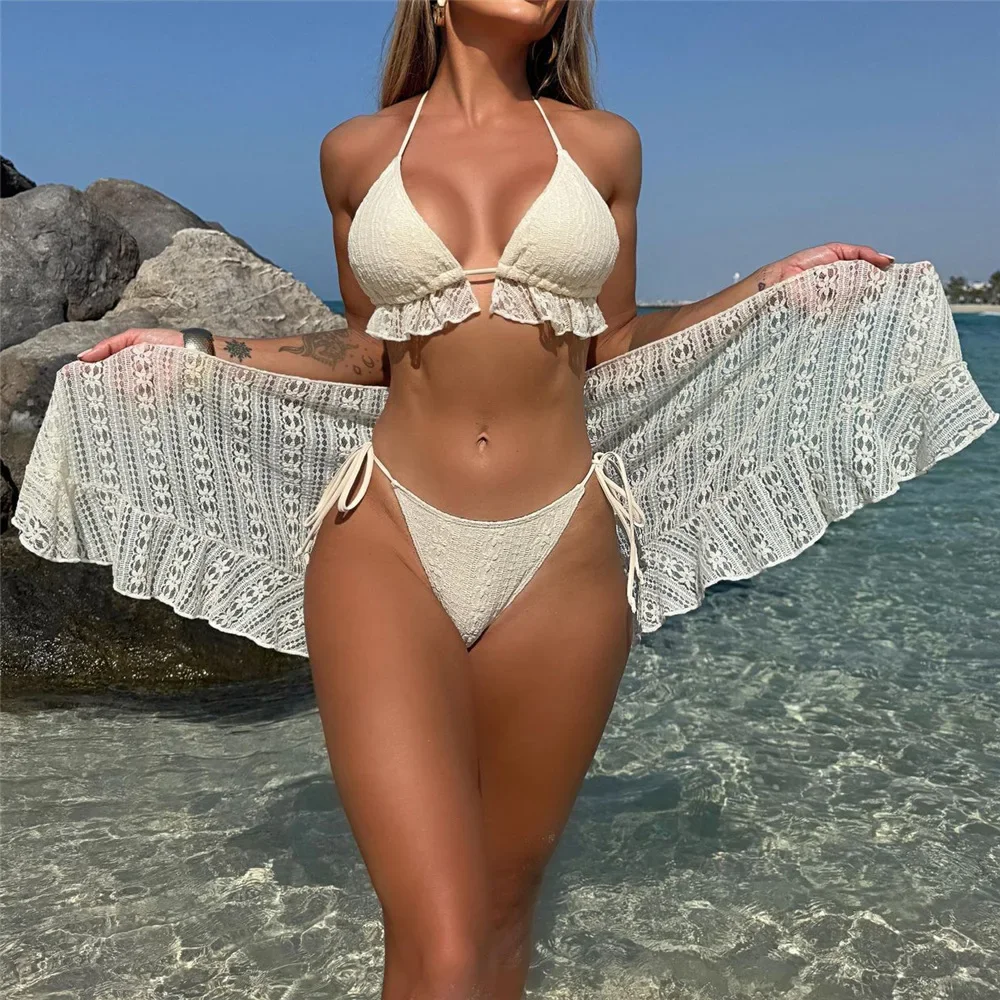 Halter String Triangolo 3 pezzi Bikini Set Beige Maglia di pizzo Costume da bagno sexy Donna 2026 Cover Up Costumi da bagno Costume da bagno Bikini Dames