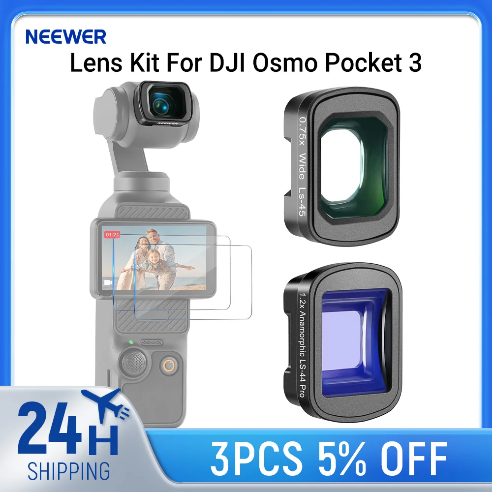 

NEEWER Lens Kit For DJI Osmo Pocket 3 Accessories, 0.75X Wide Angle (108° FOV) + 1.2X Blue Anamorphic Cinematic Effect Lens Set