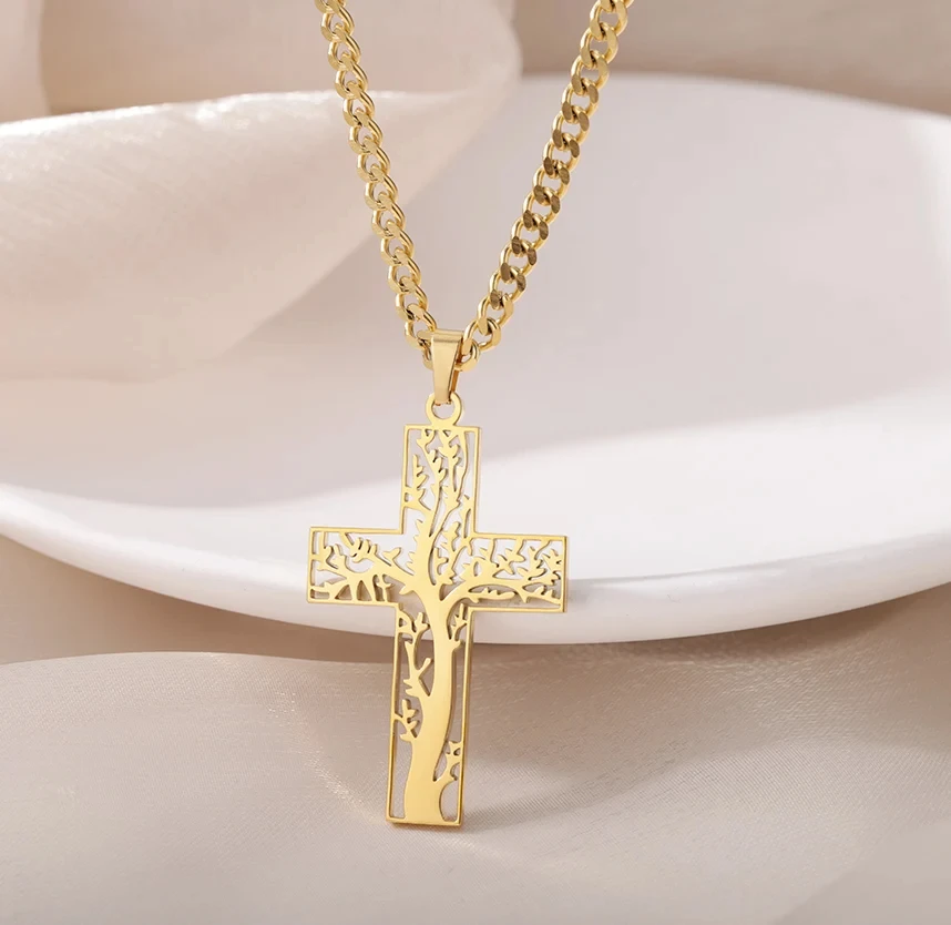 Stainless Steel Cross Necklace For Women Gold Color Chain Cross Pendant Necklaces Retro Religion Jewelry Gift bijoux femme