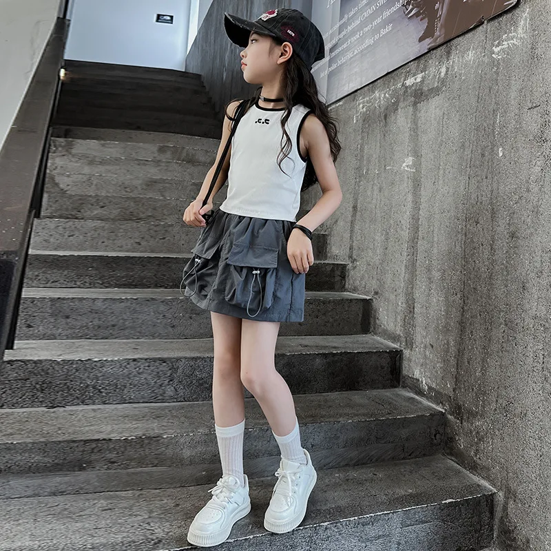 Girls Skirt Children 2024 New Spring and Summer Gray and Pink Dress Simple Casual Skirt European Fashion Style Children Dress