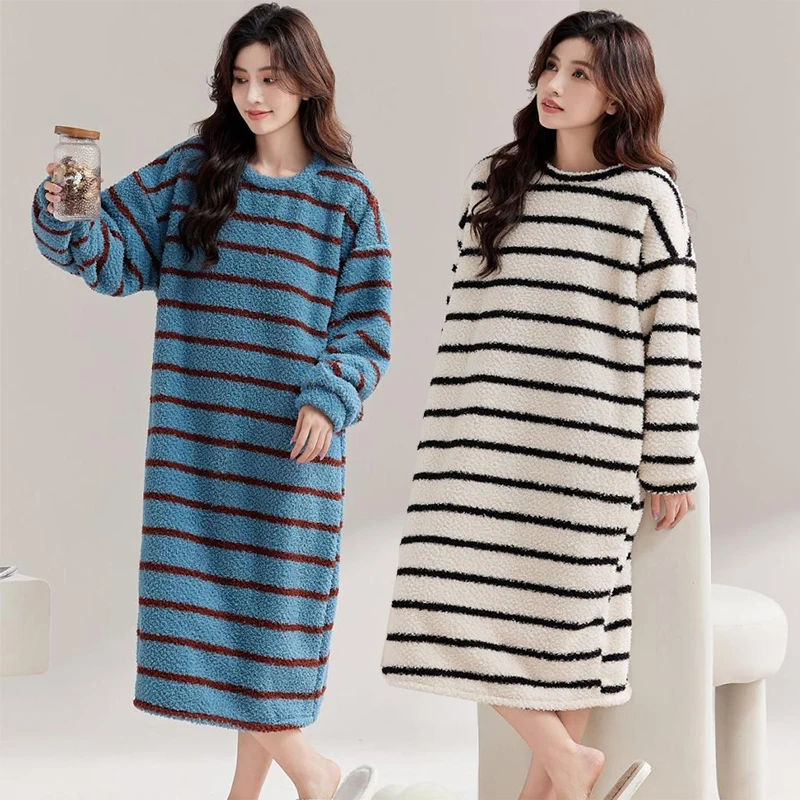 Winter Plus Size Long Sleeve Thick Warm Flannel Nightgowns for Women Korean Coral Velvet Sleepwear Night Dress Nightdress Nighty