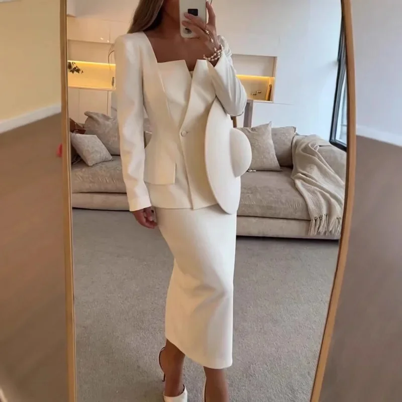 Elegant Square Collar Women Coat Set White Buttons Short Jacket Hip Package Long Skirts 2024 Autumn Female Skirt 2 Piece Outfits