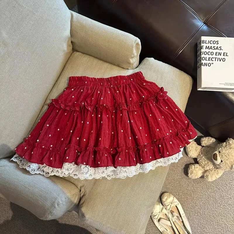 Christmas Red Jk Mini Skirt Women Sweet Lace Patchwork Pleated Skirt Harajuku Y2K Tiered High Waisted Preppy Style Skirt