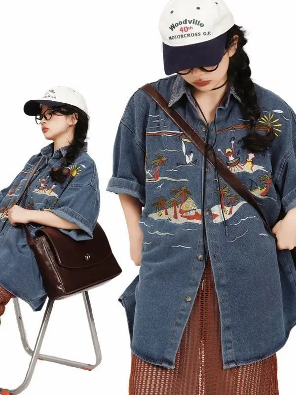 Vintage Embroidered Denim Shirt Short Sleeve Top for Women's Summer Harajuku Loose Coat Shirts New Couple Tops
