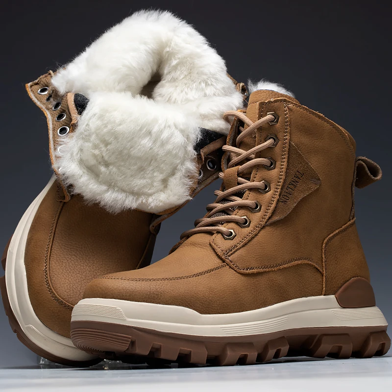 Winter Outdoor Snow Boots Shoes for Men's Fur One-piece Shoes Thickened Warm High Top Waterproof Leather Wool Increase Boots Man
