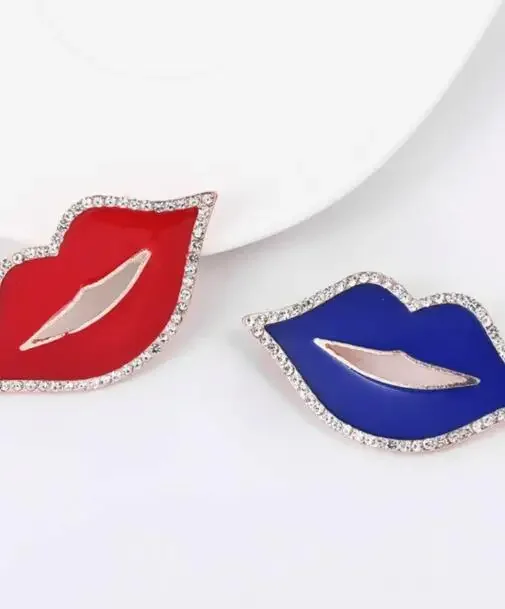 Sexy Red Blue Lip Enamel Pins for Women Rhinestone CZ Zircon Brooches Oil Drop Clothing Lapel Pin Jewelry Decoration Gifts