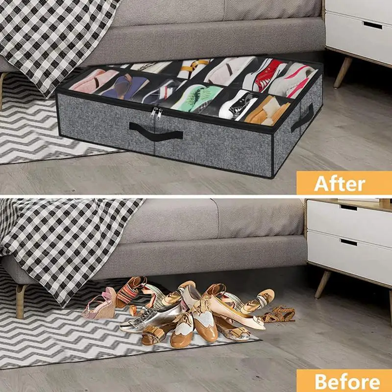 12 Grids Underbed Storage Box Shoes Dustproof Organiser Transparent Folding Storage Boxes Fabric Compartment Storage Shoe Box