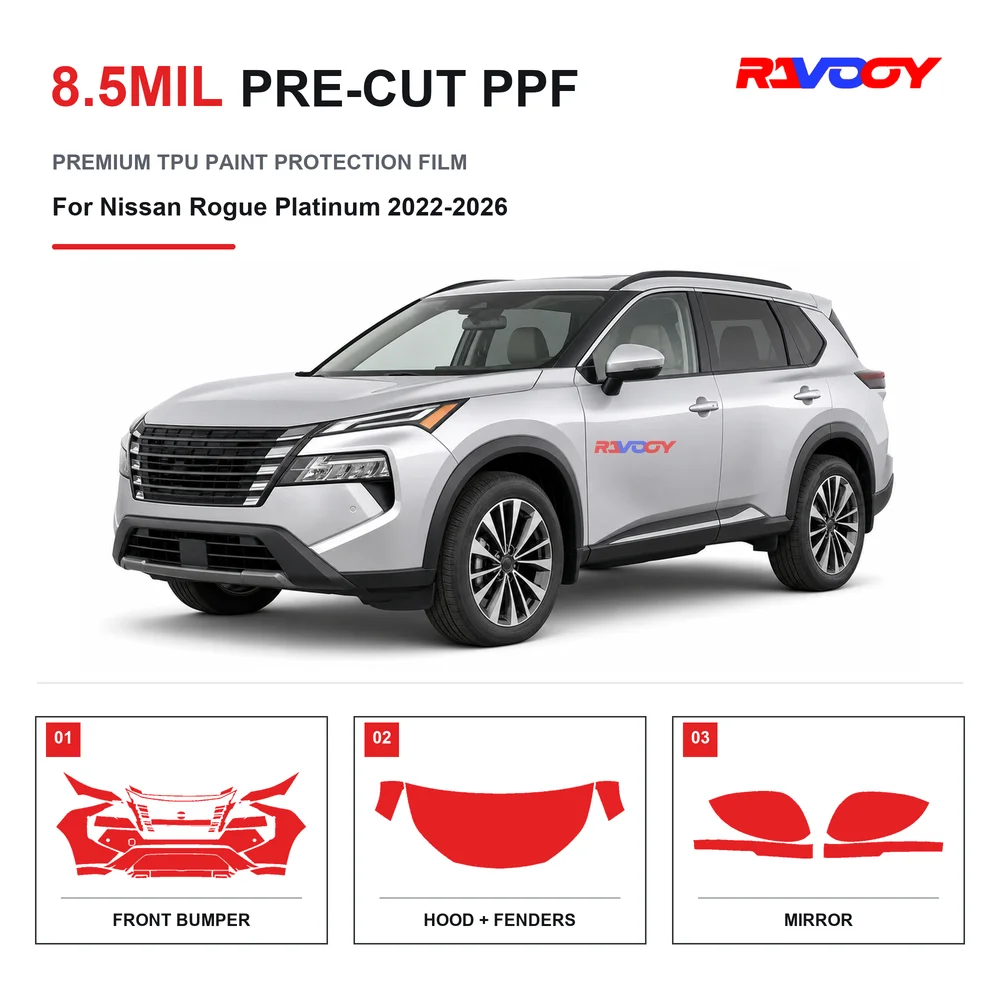 Film de protection de peinture transparent en TPU de 8,5 mil, prédécoupé, auto-réparant, hydrophobe, anti-éclats de pierre pour Nissan Rogue Platinum 2022-2026