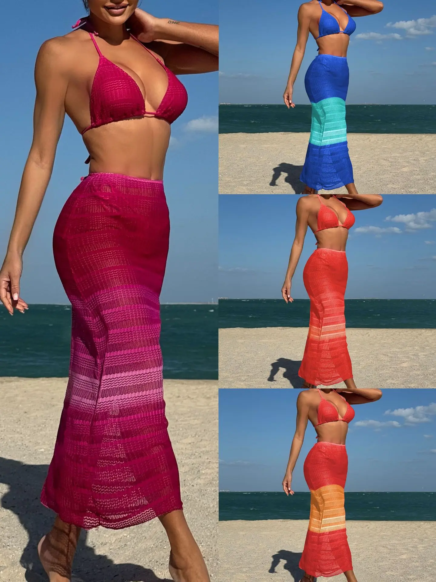 Sexy Gradient Women Swimwear with Lace Long Beach Dress Skirt 3 Piece Bikini Sets Swimsuit Beachwear Bathing Suit Outfits