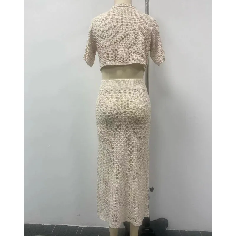 2024 Summer Knitted Crochet Vacation 2 Piece Set Women Single Breasted Short Sleeve Crop Tops Long Skirt Casual Street Beachwear