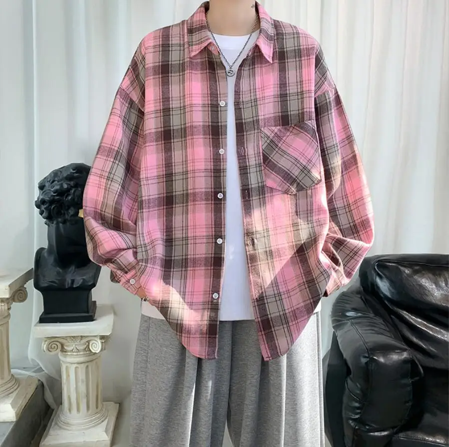 

Long Sleeve Plaid Shirts Men Big Size M-5XL Autumn Chic Loose Vintage High Street All-match Gentleman Camisa