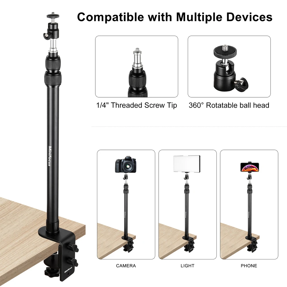 Camera Desk Mount with Auxiliary Holding Boom Arm Overhead Table C-Clamp Stand for Mirrorless Vidoe Light Webcam Live Streaming