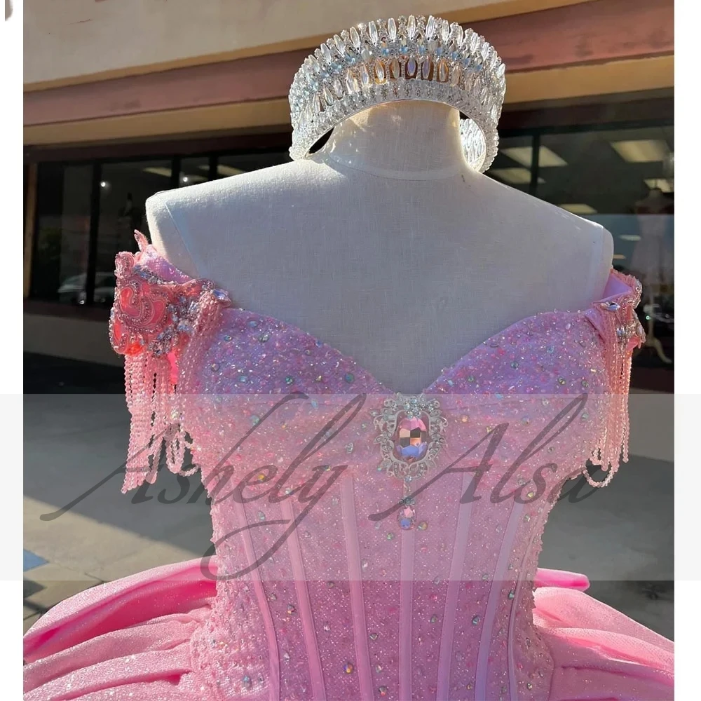 Custom Made Pink Princess Girl Quinceanera Dresses Off Shoulder Beading Lace Up Bow Vestido De xv Anos Sweet 15 16 Party Prom