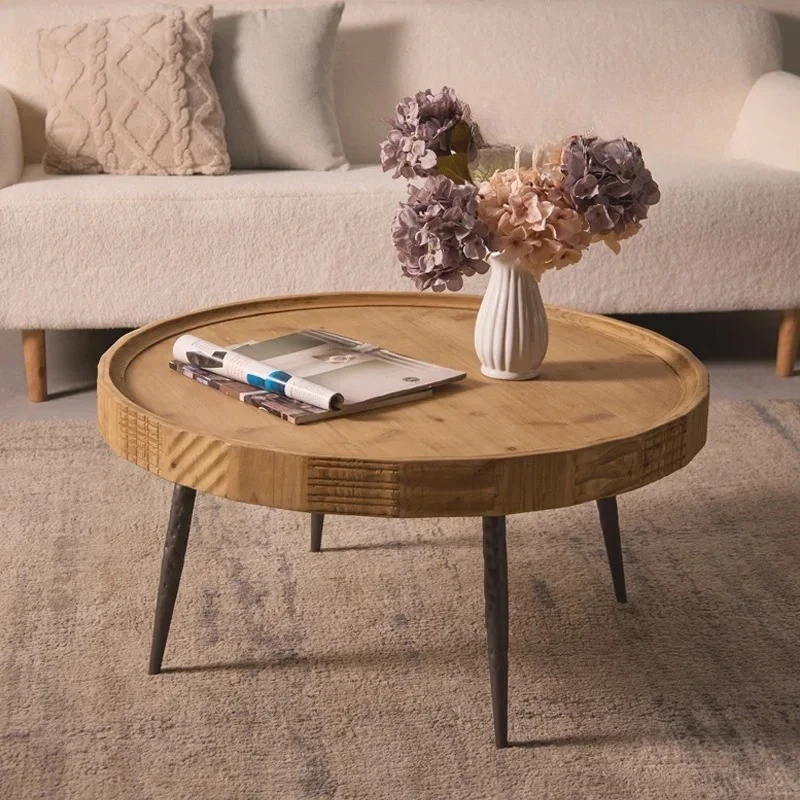 A  Solid wood wrought iron round small coffee table retro side table living room sofa front balcony homestay low table