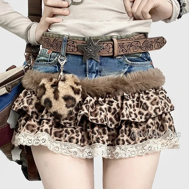 IMU Women Leopard Cake Skirt Plush Keychain Waist Belt Low Rise Inner Shorts Ruffle Mini Skirt Retro Y2k Bottoms