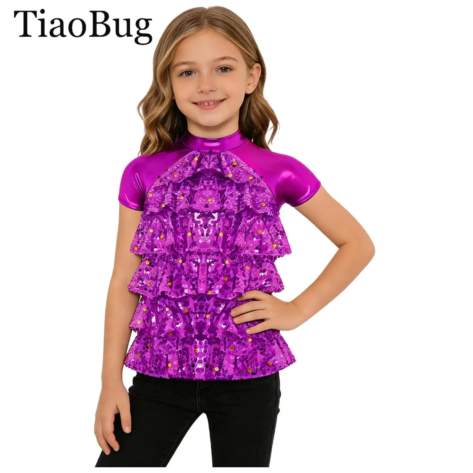 

Girls Shiny Sequins Tops Metallic Short Sleeve T-Shirt Mock Neck Mesh Tiered Back Cut Top Modern Hip-hop Jazz Latin Dance Top