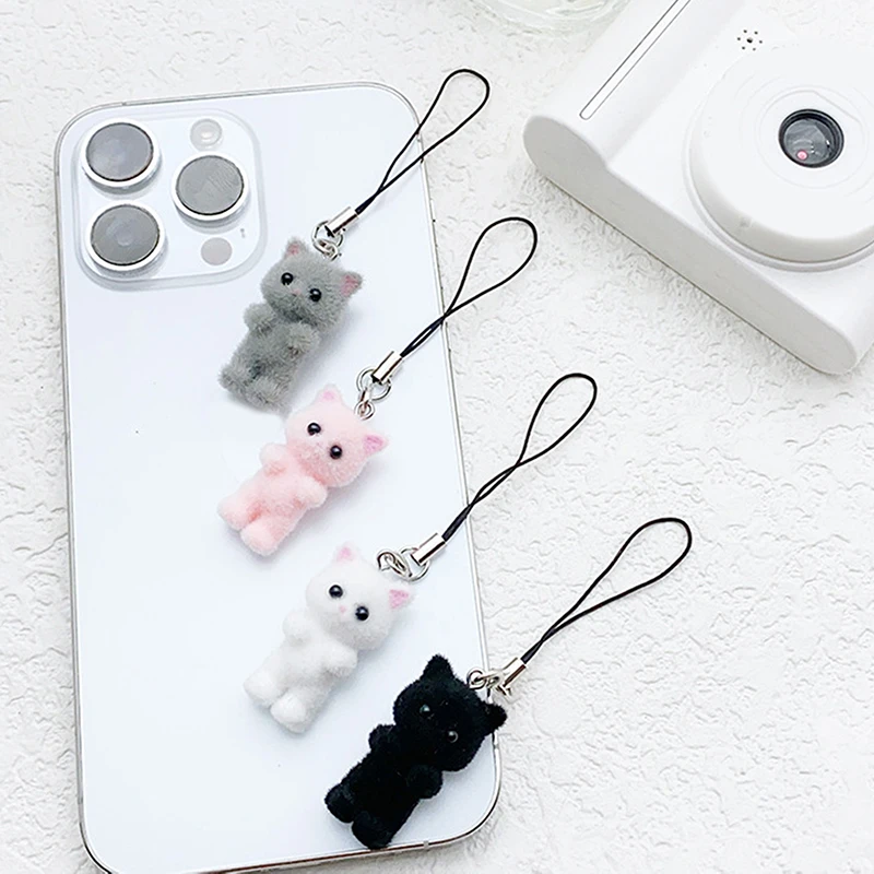 Cartoon Flocking Cat Keychain Cute Flocked Cat Animal Keyring Bag Pendant Backpack Charms Car Decor DIY Accessories Gift