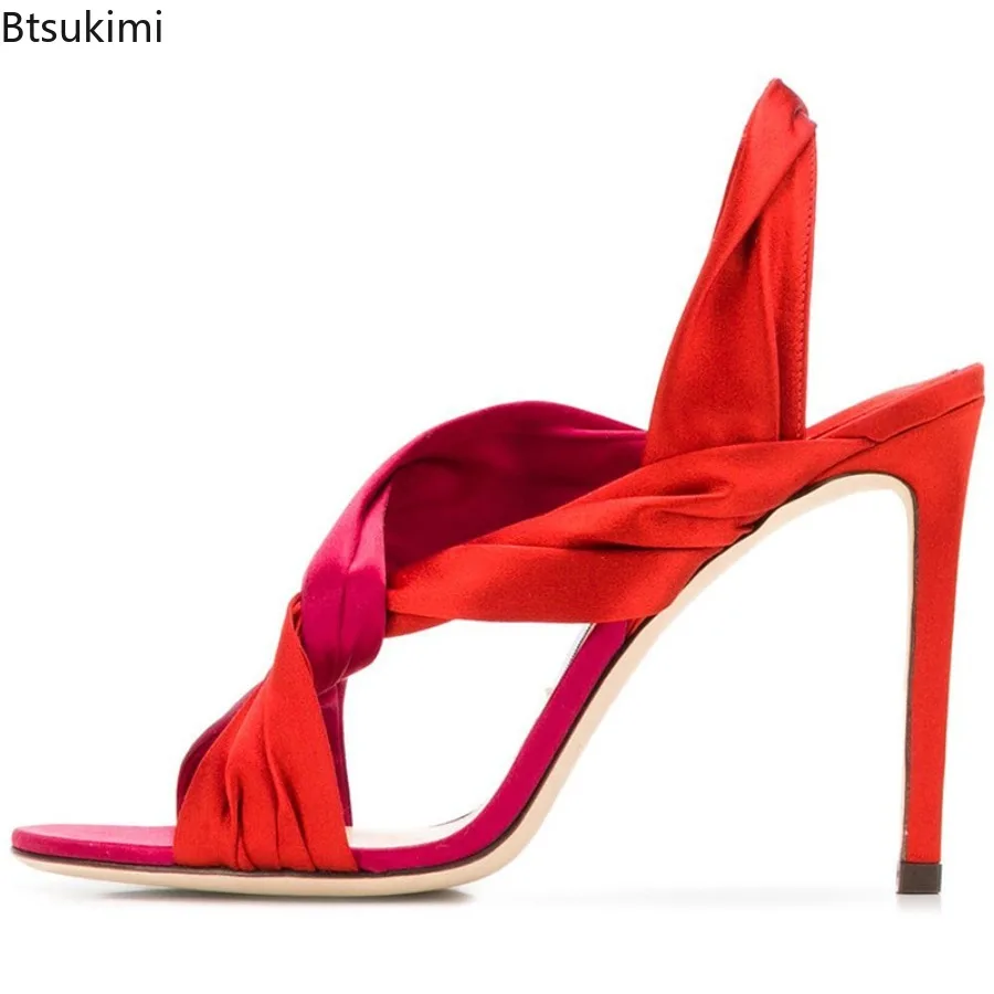 2026Women's Two Color Splicing and Crossing Design Elegant Thin High Heels Sandals Leather Red Ruffle Stiletto Party Dress Shoes