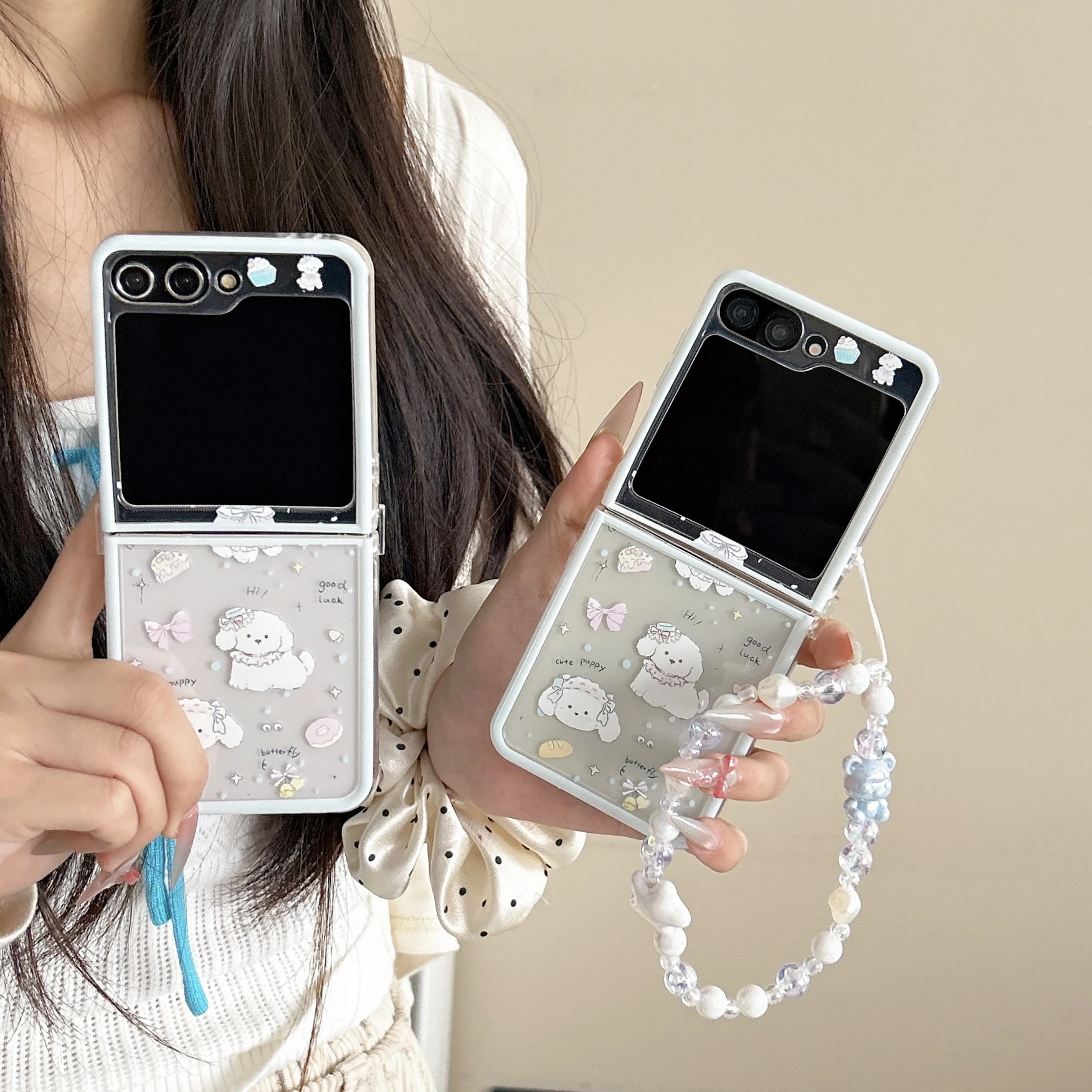 

Back Cover For Samsung Galaxy Z Flip 6 5 4 3 Case Yummy Cake Puppy Dog with Bracelet Chain Shockproof Phone Case