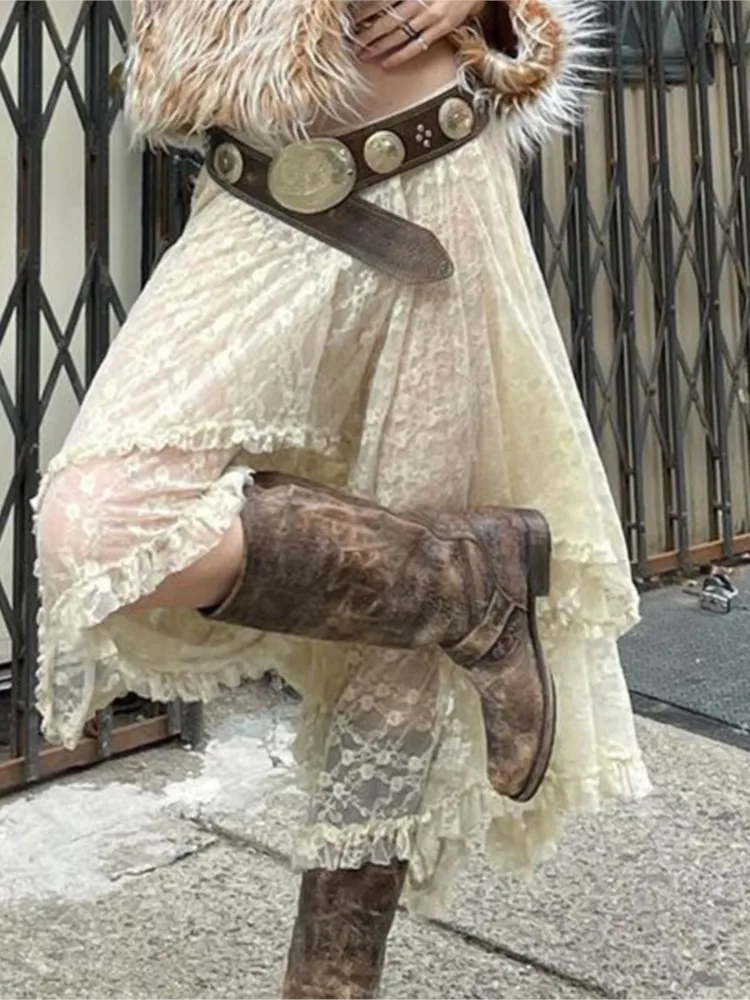 Neue Transparente Spitze Asymmetrische Röcke Frauen Vintage Y2K Boho Mode Hohe Taille Midi Röcke Sommer Damen Urlaub Rock