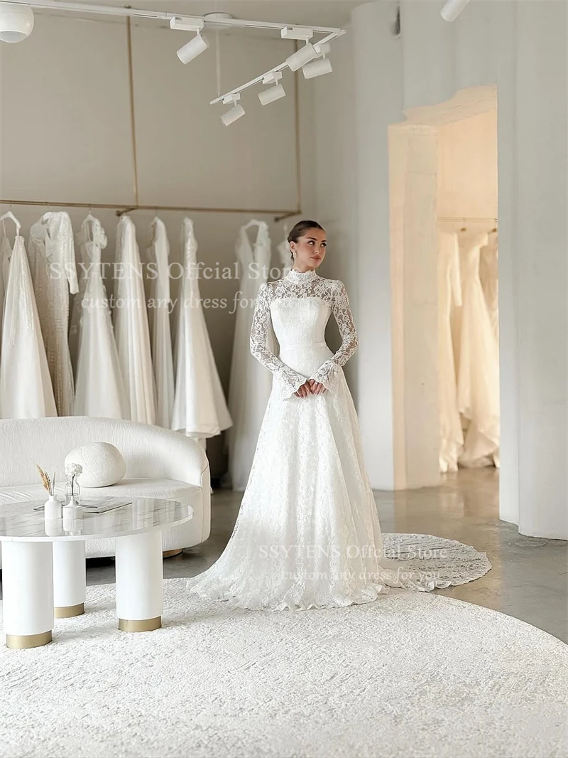 SSYTENS High Neck Full Lace Wedding Dresses Modest Sweep Train Bridal Gowns Long Sleeves Formal Dubai Arabic Women Customized