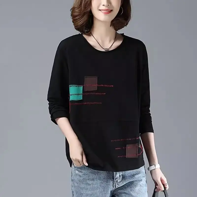 Spring Autumn Women\'s Clothing Solid Color Pullover Lantern Long Sleeve Round Neck Patchwork Trendy T-shirt Distressed Tops