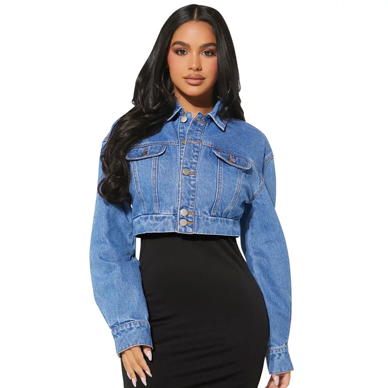 Denim Coat Women Short Coats Turn Down Collar Jackets Buttons Full Sleeve Vintage Y2k Streetwear Tight Waist Work 2026 Summer