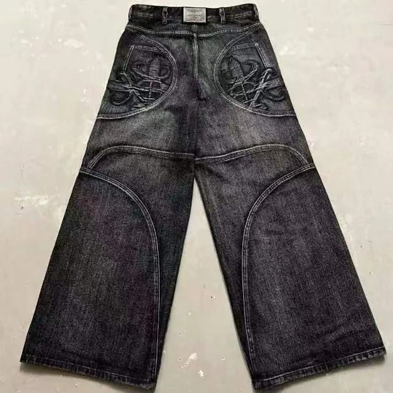 

2000s Gothic Washed Make Old Loose Jeans for Men Hip-hop Personality with Fringed Lines Harajuku Fashion Straight Wide Leg Pants