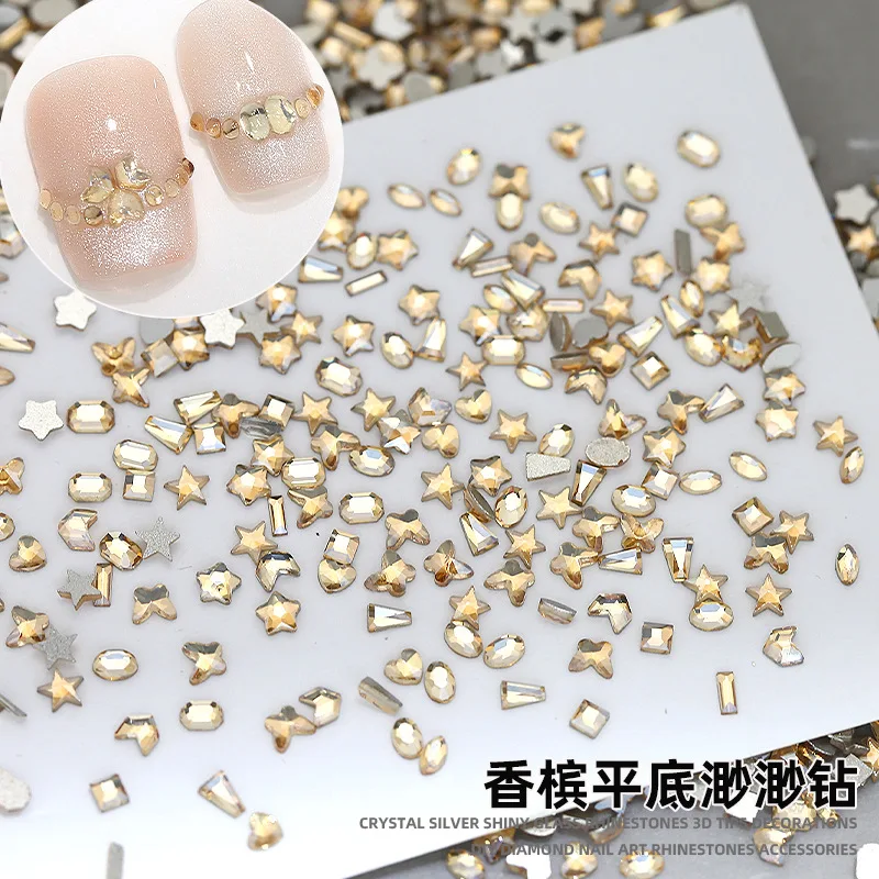 50PCS Sparkle Champagne Mini Tiny Flatback Diamond Star Oval Rect Square Glass Nail Art Rhinestones Decorations Manicure Charms