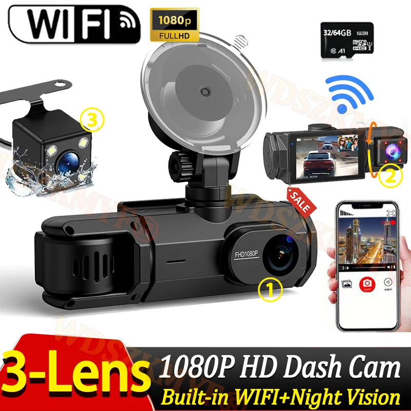 Wifi & app carro dvr 1080p traço cam para carros 2/3 canais câmera gravador frente dentro/câmera de visão traseira para veículo visão noturna camera para automóveis，camera carro veicular gravação，câmera veicular automo